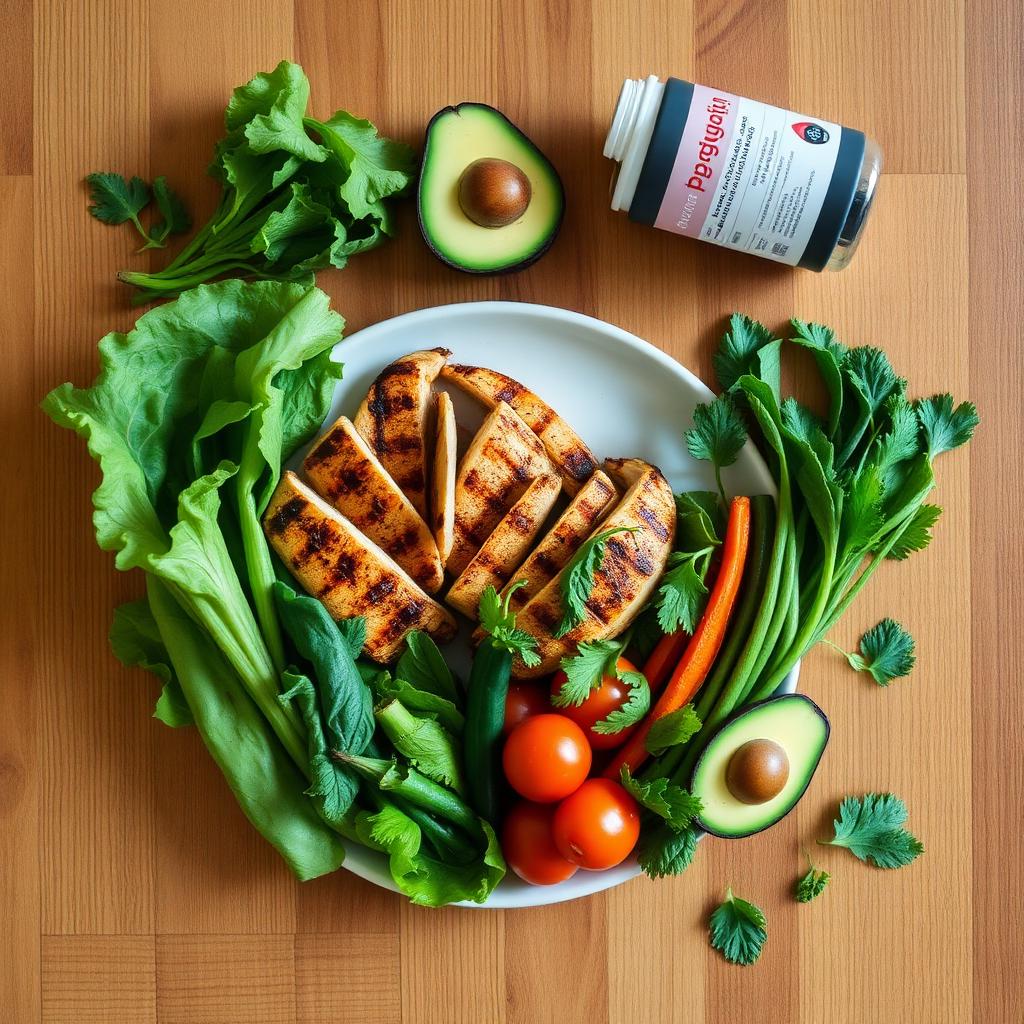Healthy meal with NewSelf supplement bottle